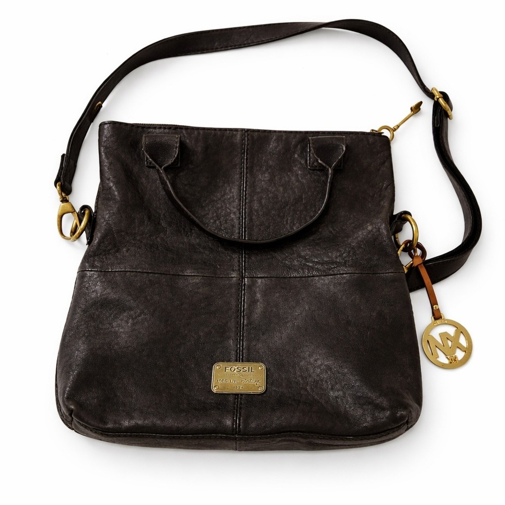 Fossil Black Slouchy Leather Fold Over Cargo Purse Bag‎ Sade Noire Dark Academia